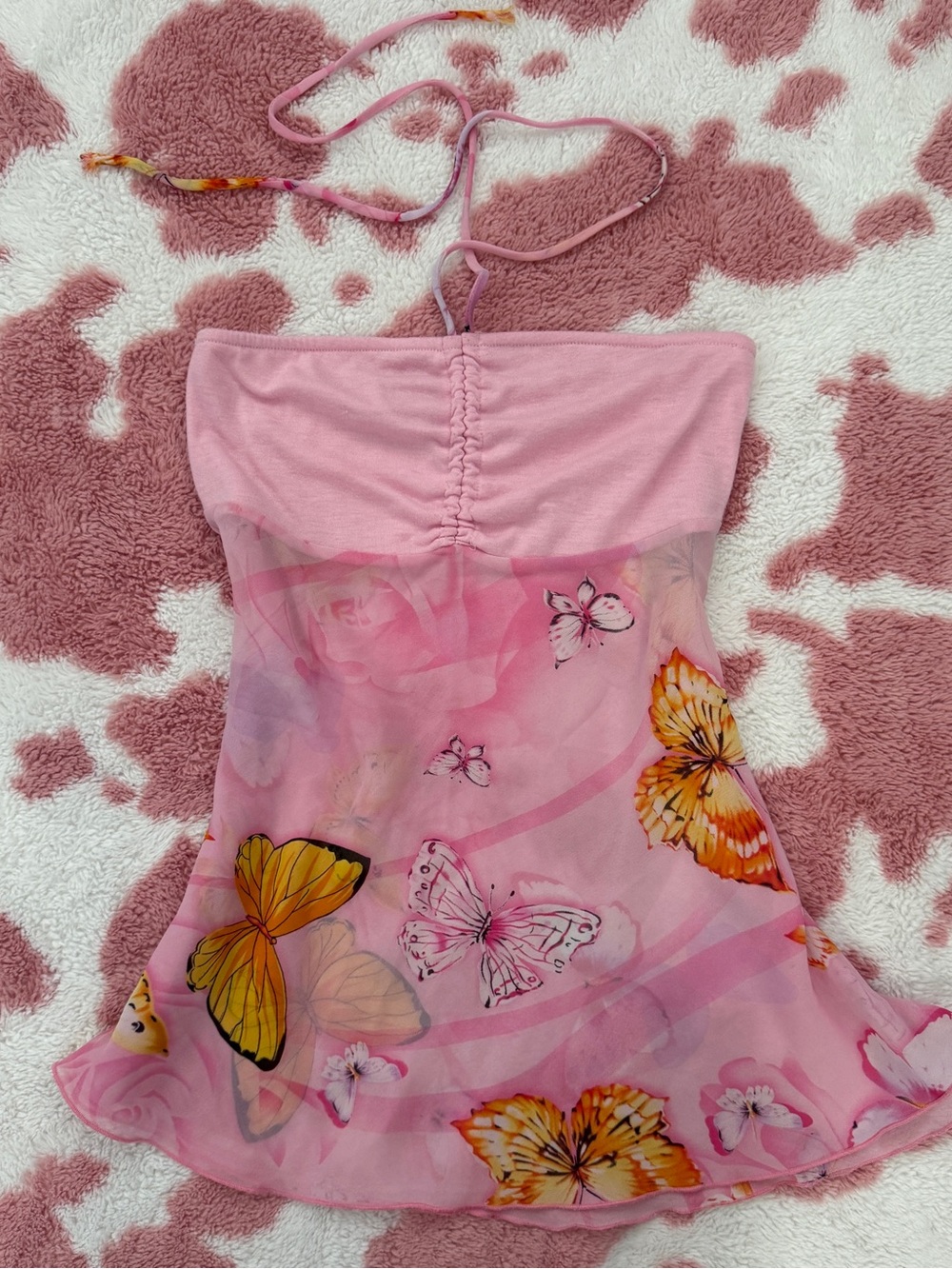 🦋 Y2K Filairycore Pink Butterfly Mesh Halter Top ✨ Coquette Babydoll Tube Top S